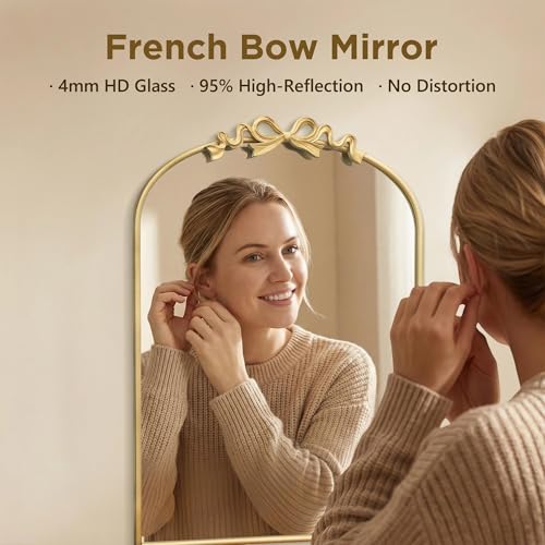Image of Besdomus Bow Arched Gold Mirror: 22 inchx30 inch Gold Antique Vanity Wall Mounted Mirror - Vintage Baroque Traditional Ornate for Bedroom /Bathroom /Makeup Vanity - Wall Decor for Teen Girl