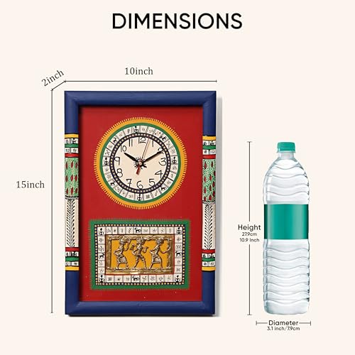 Image of AAKRITI ART CREATIONS Wall Clock Handcrafted Warli Art Red Dial with Glass Frame Blue, Red | Wall Clock for Home, Home Decoration | Lightweight Wooden wall Decor | Matte Finish