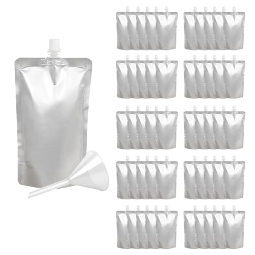 Muka 50 PCS Silver Foil Spout Bag, Reclosable Spout Pouch with Funnel, Heavy Duty Stand-up Pouches (8.5 OZ,250 ML)