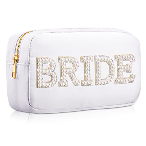Hillban Nylon Bride Makeup Bag Cosmetic Travel Toiletry Bag Large Engagement Gift Pearl Rhinestone Letter Patch Bride Pouch Gifts for Bachelorette Party Wedding Bridal Shower(White,Bride)