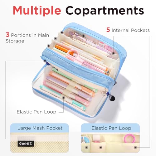 Image of Sooez Large Pencil Case Pouch, Extra Big Pencil Bag with 8 Compartments, Pen Bag Wide Opening, Soft Quilted Pencil Pouch Organizer with Zipper, Portable Pencil Case for Teen Girls, Dark Blue