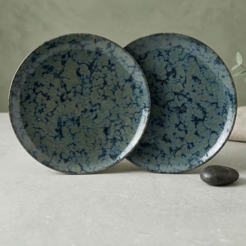 Image of Freakway Artisan Reactive Glaze Dinner Plates, Set of 2 - 10.7 inch Round Ceramic Tableware, Emerald Moss Blue, Microwave & Dishwasher Safe