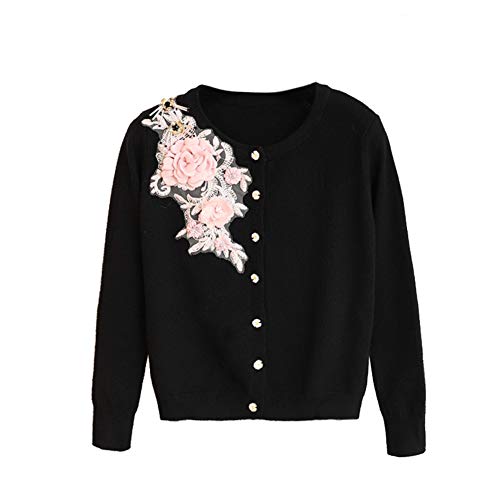 Grneric Damen Dorn Rost Dreidimensionale Blume Strickcardigan Sweater Bequem Freizeit Langarm Mantel - Schwarz - Mittel Cover