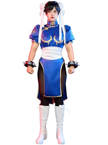 Micotaku Street Fighter Officially Licensed Deluxe Classic Chun Li Slim Fit Blue Womens Cosplay Costume Leotard and Skirt