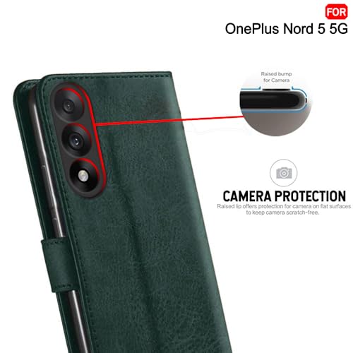 Image of TheGiftKart heGiftKart Genuine Leather Finish Flip Back Cover Case for OnePlus Nord 5 5G | Inbuilt Pockets & Stand | Wallet Style | Designer Button Magnet Flip Back Cover Case (Faux Leather, Green)