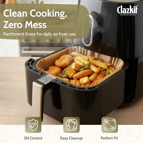 Image of Clazkit 100 PCS Air Fryer Paper Liners Disposable | 8 Inch Square Parchment Sheets | Oil Proof, Non-Stick & Heat Resistant Baking Paper for Air Fryer, Microwave, Oven & Roasting