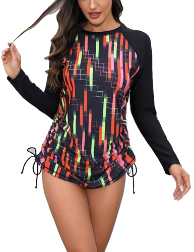 Halcurt Women's long Sleeve Rash Guard Ruched Side Drawstring Adjustable Swim Shirt UPF50 Quick Dry Swimsuit Top