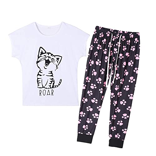 MyFav Ensembles De Pyjama pour Femmes à Manches Courtes Imprimé de Chat Mignon VêTements De Nuit Hauts Et Pantalons Long Ensemble de Détente,Blanc,XS