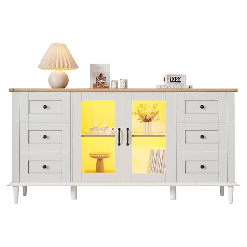 DESIGN ELEGANTE COUNTRY: Stile rustico moderno con finitura bicolore bianco e naturale, maniglie nere decorative e piedini conici che si adattano perfettamente a soggiorno, sala da pranzo o cucina