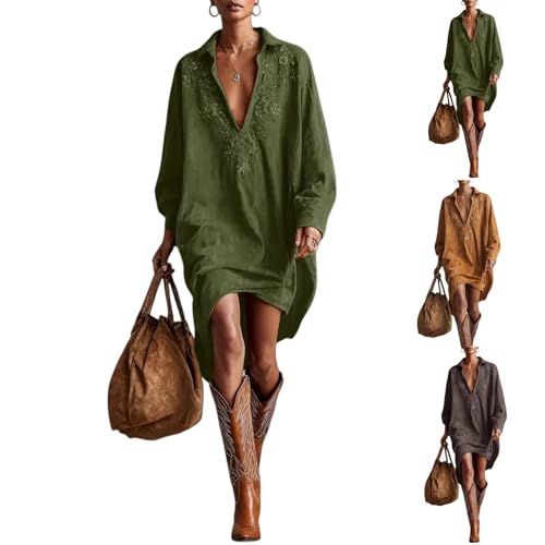 Image of Floral Embroidered Maxi Dress for Women Fall Suede Loose V-Neck Embroidered Long Sleeve Boho Midi Dress Casual Shirt Dresses (Green,XXL)