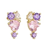 Pendientes de moda para mujer, aretes de tuerca con corazón creado zafiro rosa, amatista y moissanita, oro amarillo de 9 quilates, 14 y 18 quilates, Metal, Zafiro rosado sintético Moissanita