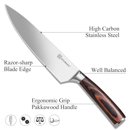 Image of KEEMAKE Kitchen Knife Set of 5 - Kitchen Knives 1.4116 High Carbon Stainless Steel Blade, Professional Chef Knife Set, Razor Sharp Knives with Ergonomic Pakkawood Handle for Home Cooking
