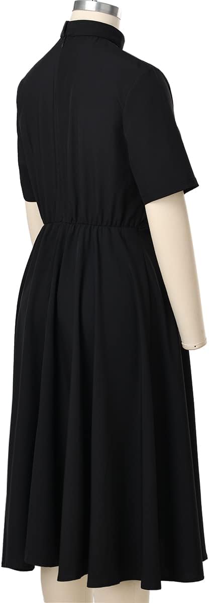 FAD-4U Church Clergy Dress for Women Short Sleeve Rows Buttons A Line Dress with Tab Collar
