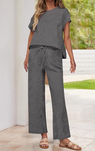 Image of PRETTYGARDEN 2 Piece Outfits For Women Casual Tracksuit Short Sleeve Tops And Wide Leg Long Pants Matching Lounge Sets