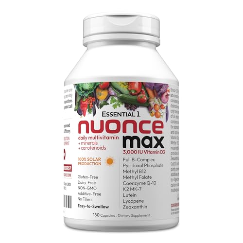 ANDREW LESSMAN Essential-1 nuonce max Multivitamin 3000 IU Vitamin D3 180 Small Capsules. 100 mcg Methyl B12. CoQ10 Lutein Lycopene Zeaxanthin. High Potency. No Additives. Ultra-Mild One Daily Capsule
