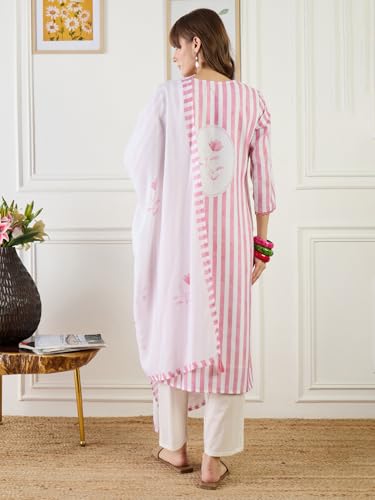 Image of INDO ERA Women's Straight Linen Floral Print with Beads Work Kurta Pant with Dupatta Set (IEOUT9824)