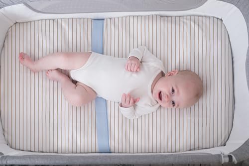 Image of Meracorallo Muslin Pack and Play Fitted Sheet, 100% Cotton, Neutral Stripe