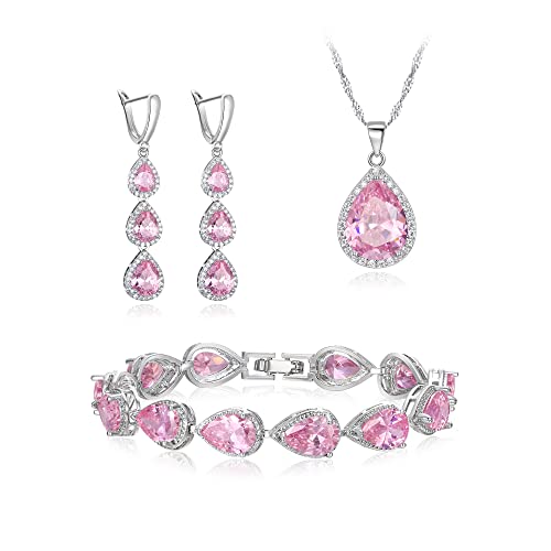 Elequeen Jewelry Set For Women, Silver Plated Pink Teardrop Cubic Zirconia Necklace Dangle Earrings Bracelet Sets, Wedding/Anniversary/Birthday For Bridesmaid/Wife/Friend/Mom #TOP21