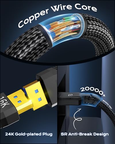 Image of Cratree 16K DisplayPort Cable 3.3 Feet /1M - 16K DP to DP Braided Cord - Support 40Gbps,16K 30Hz,8K 120Hz,4K 240Hz /165Hz /144Hz - Compatible FreeSync /G-Sync /Gaming Monitor,PC