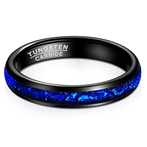 Vakki Women's 4mm Black Tungsten Wedding Ring with Blue Foils Inlay Engagement Band Polished Edge Comfort Fit Size 5-94