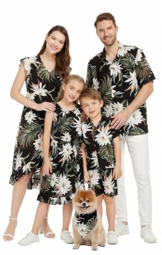 Image of Family Matching Hawaiian Clothes, Wispy Cereus Black | Lightweight 100% rayon • Family matching outfits • Tropical floral print • Beach vacations • Luaus • Cruises • Family photos