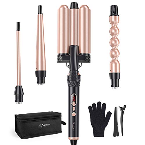 BESTOPE Curling Iron Set 4 in 1 Curling Wand with 1'' inch Hair Waver Hair Crimper & 3 Interchangeble Barrel 0.35''-0.75'', Instant Heat Up & 6 LED Temperature Control, Glove & 2 Hair Clips