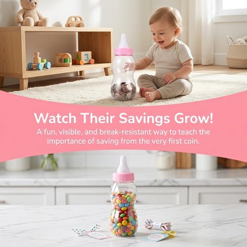 Image of Housoutil 2Pcs Large Baby Bottle Piggy Bank, 11 Inch Big Clear Plastic Baby Bottle Bank, Huge Coin Money Saving Jar, Jumbo Pink Blue Shower Party Candy Jar, Transparent Boy Girl Box （Pink）