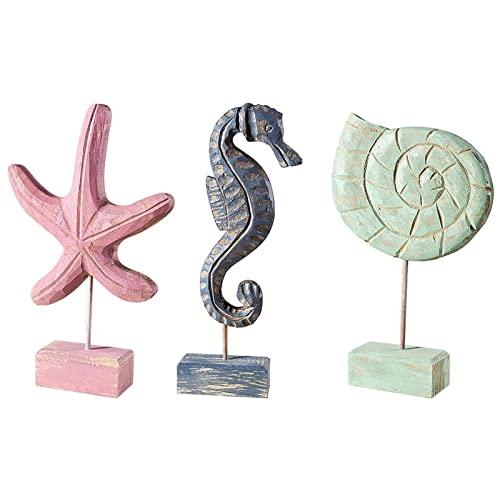 Calidaka 3Pcs Mediterranean Style Wooden Seahorse Sea Star Conch Wood Sculpture Kit Desktop Handcarved Beach Ocean Theme Ornament Figurines Home Decor Gift(Colorful) #TOP1