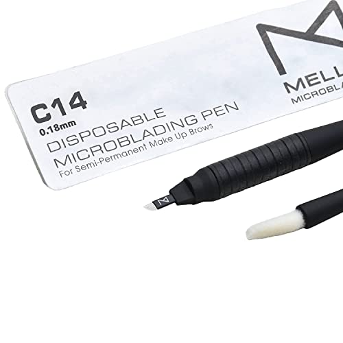 PACK-OF-10-Mellies-Signature-Microblading-Disposable-Pen-Sterilized-Blade-Comfortable-Rubber-Grip-With-Pigment-Sponge-C14-18mm-Black