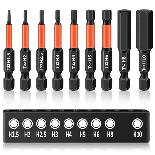 9 Puntas Destornillador Hexagonal, 50mm Puntas Atornillador Hexagonales 1/4" Imantadas Punta Hexagonales Allen S2 Acero Tornillo Cabeza Juego para Taladro Eléctrico Reparaciones Automotrices, H1.5-H10