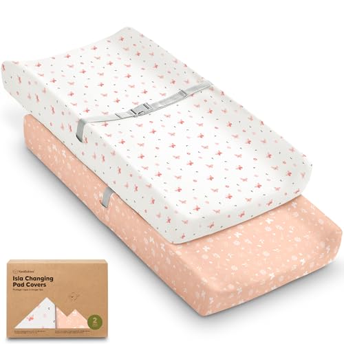 Image of 2-Pack Baby Changing Pad Cover for Girl, Boy - 34x18 Soft Viscose Derived from Bamboo Baby Diaper Changing Table Pad Cover Sheets, Neutral, Snug Fit Nursery Diaper Change Sheets (Butterflies)