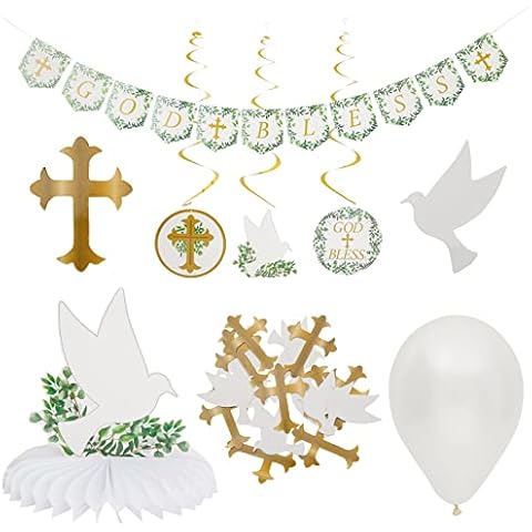 Faithful Finds Baptism Decorations Party Set with Hanging Swirls, God Bless Banner, Balloons, Confetti, Centerpiece (58 Pieces) Cover