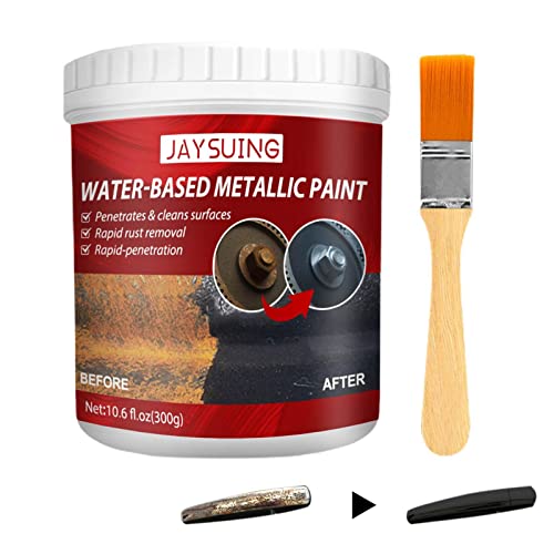 Pintura óxido metal 300 g, pintura metálica a base agua con cepillo para polvo, removedor óxido multiusos, barrera protectora antioxidante para muebles metal, cortacésped y...