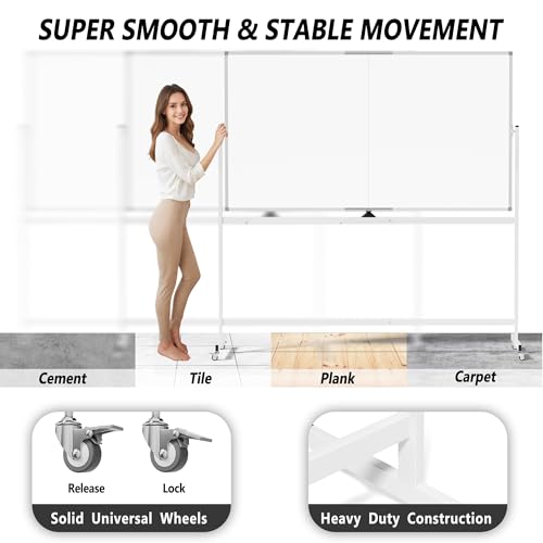 Image of Large Rolling Whiteboard on Wheels, 72 inch x 40 inch Double-Sided Mobile White Board with Stand, Portable Standing Magnetic Dry Erase Board Easel for Home Office Classroom School, Silver