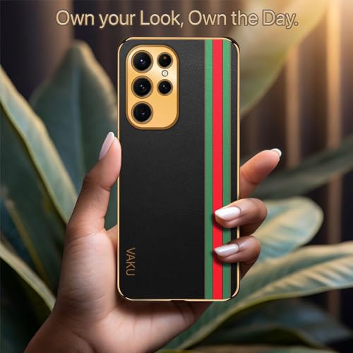 Image of Vaku Luxos Felix Line Back Cover for Samsung Galaxy S22 Ultra 5G with Leather Pattern Gold Electroplated Soft TPU Cover Shockproof Protective Case - Black
