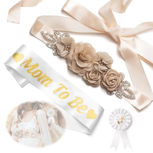WeddingSteps ベビーシャワー マタニティサッシュ ベリーベルト ピンクフラワーサッシュセット Mom to Be & Dad to Be コサージュピン 性別披露用, ホワイト&カーキ, One Sizeの商品画像（Amazon）