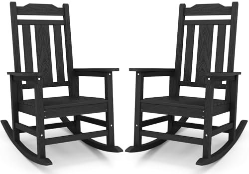 SERWALL Black Outdoor Rocking Chair Set of 2, All Weather Patio Rocking Chair, HDPE Poly Rocking Chair for Adults, Heavy Duty Front Porch Rocker