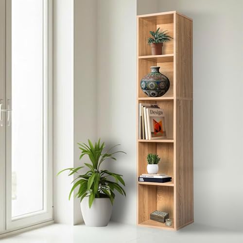 Image of 5 Cube Storage Organizer Wooden Bookshelf, 5 Cube Shelf Bookcase, Small Bookshelf Storage Organizer, 5 Cube Storage Shelf for Bedroom, Small Bookshelf for Living Room and Office (Natural, 5)