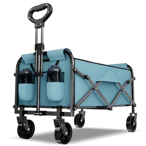 Foldable Wagon Cart with Wheels Collapsible - 300 LBS Large-Capacity Heavy Duty Folding Utility Cart for Garden Lounge Sports Groceries Camping Shopping - Cadet Blue