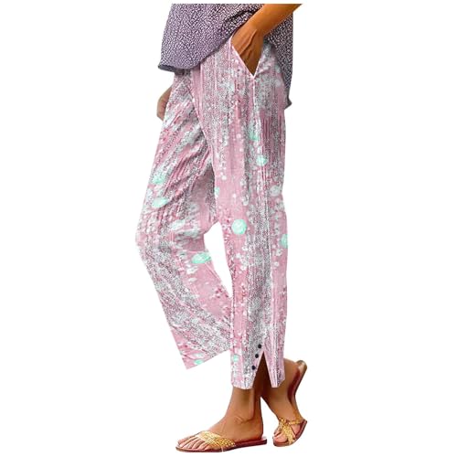 Women Capri Pants Loose Fit High Elastic Waist Spring Summer Beach Vacation Pant with Pocket Fashion Printed Outfit S-2XL Pink
