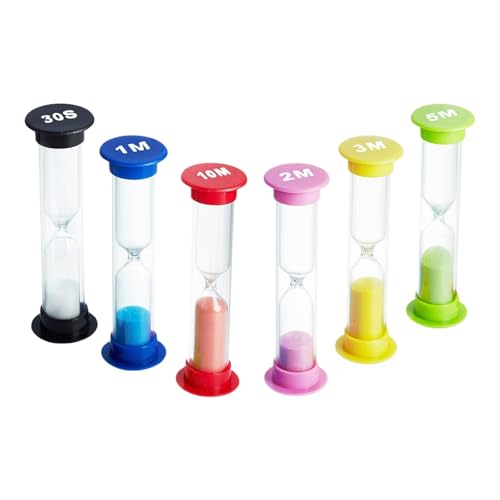 6 Pack Sand Timers for Kids – Colourful Hourglass Sand Timer Set (30s, 1/2/3/5/10 Min) – For Classroom, Game, Home, Office, Kitchen Cooking, Toothbrush Timer for Children, Kids