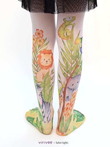 Safari animal tights for girls, cute printed pattern, gift outfit for jungle themed birthday2