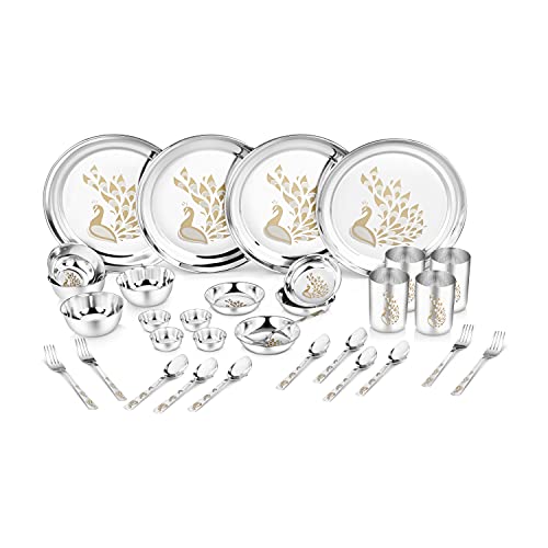 Image of Classic Essentials Stainless Steel Dinner Set|Serves 4 People|Heavy Gauge|Kitchen Set|Permanent Laser-Peacock, (Set of 32)