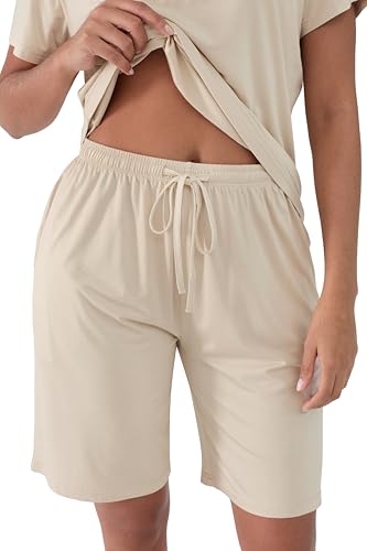 Image of Joyaria Cooling Pajamas Bamboo Viscose PJs Bermuda Shorts Set Women Henley Neck Summer Moisture Wicking Sleepwear