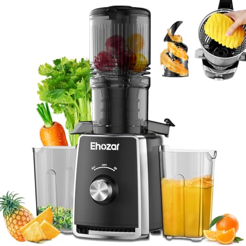 Ehozar Extractor de Jugos Prensado en Frío, Exprimidor Lento Eléctrico con Tubo de Alimentación de 13.5 CM/5.3'' de Ancho, Jarra y Contenedor de Pulpa, Función Inversa, sin BPA