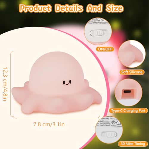 Ainiv Octopus Night Light, Cute Silicone Octopus Lamp for Kids USB Rechargeable Bedside Lamp, 3 Levels Brightness - Image 2