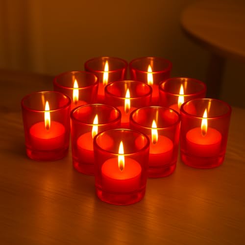 Image of Pure Source India Set of 12 Votive Glass Candle Holders with Tealight Candles | Decorative Diwali Lights for Home, Pooja & Festive Decor (Red)