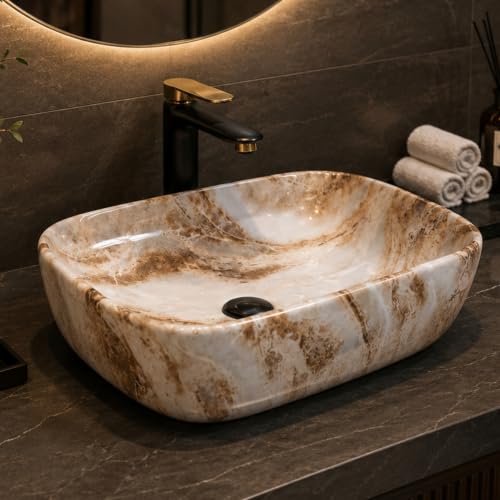 Image of Ceramic Tabletop Wash Basin - Glossy Rectangular Countertop Vessel Sink with Marble Finish for Bathroom & Vanity | Compact 18 x 13 x 5 Inch | Elegant Washbasin