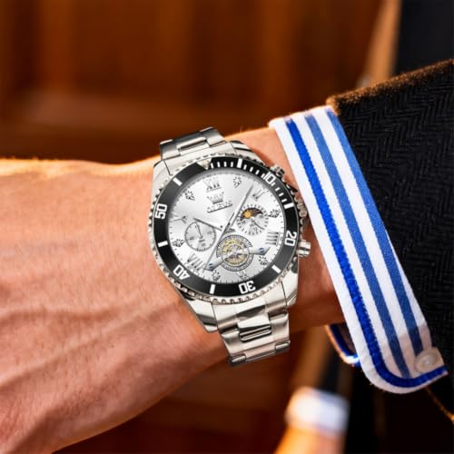 Image of OLEVS Mens Watches Chronograph Luxury Dress Moon Phase Two Tone Stainless Steel Waterproof Luminous Business Calendar Wrist Watch