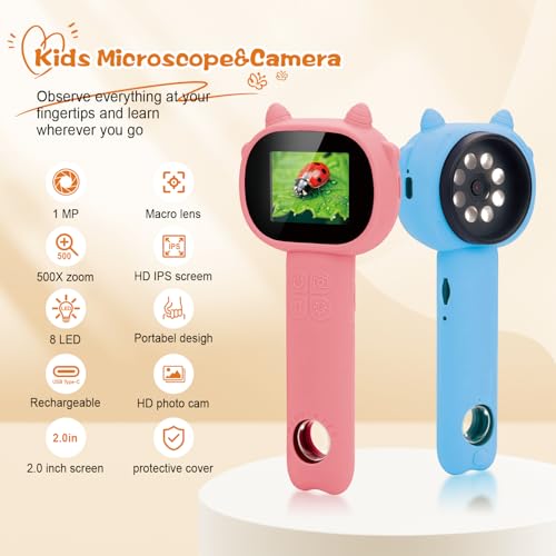 Microscope for Kids - 2.4" Screen Mini Pocket Handheld Microscope for Toddlers-STEM Educational Science Kit Toys for Christmas Birthday Gifts Science Kit Toddler for Boys Girls Aged 3-12 (Pink) - Image 2
